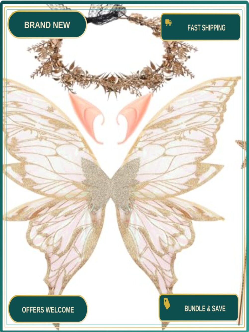 Large Fairy Wings Set Women Elf Crown Wand Ears Costume Accessories